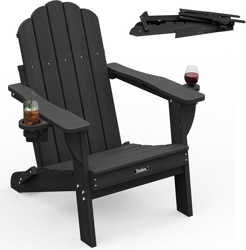 Folding HDPE Adirondack Chair All-Weather Patio Chair with 2 Cup Holde