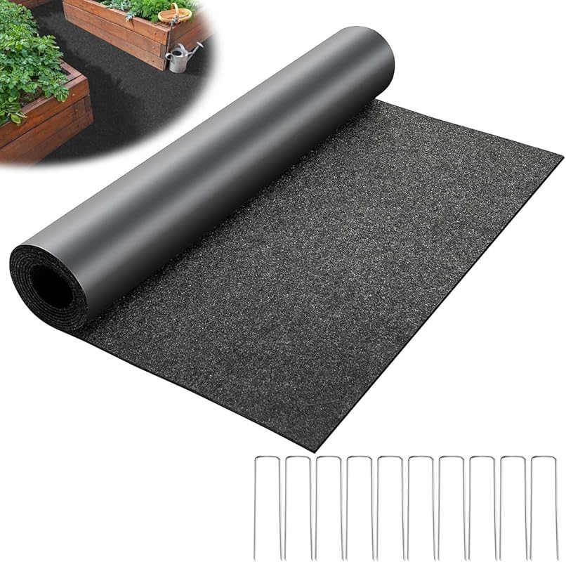 DECOHS 10x2ft Recycled Felt Mulch Roll Mat with 10 Stakes for Permanen