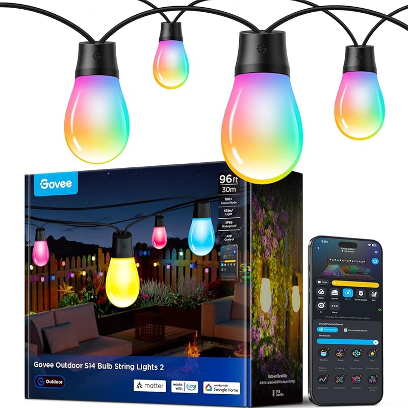 Govee S14 Bulb 96ft Smart RGBIC Outdoor String Lights, 111 Scene Modes