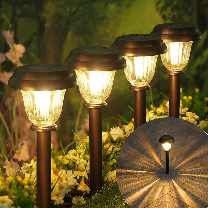 DERAYSION 8-Pack Solar Pathway Lights: Stainless Steel Glass, Waterpro