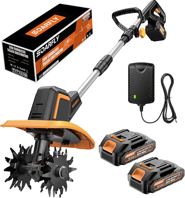SOARFLY Upgraded Cordless Tiller with Dual Batteries 48 Steel Tines Ba
