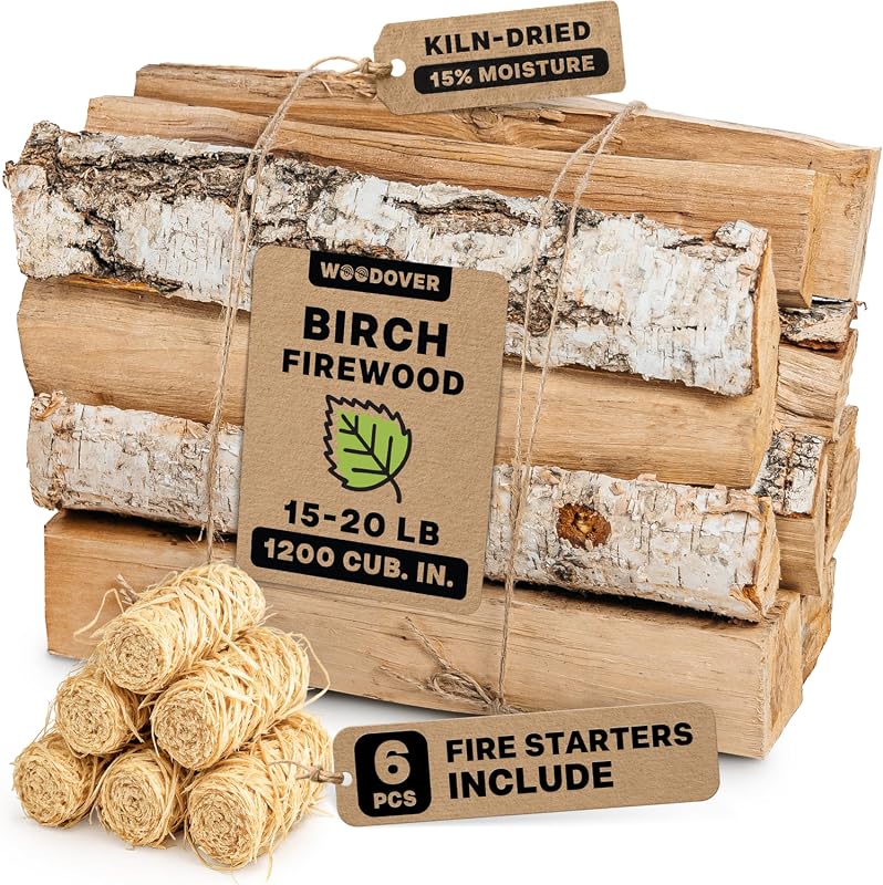 WOODOVER Birch Firewood Logs and Fire Starters Set – Kiln-Dried Hardwo