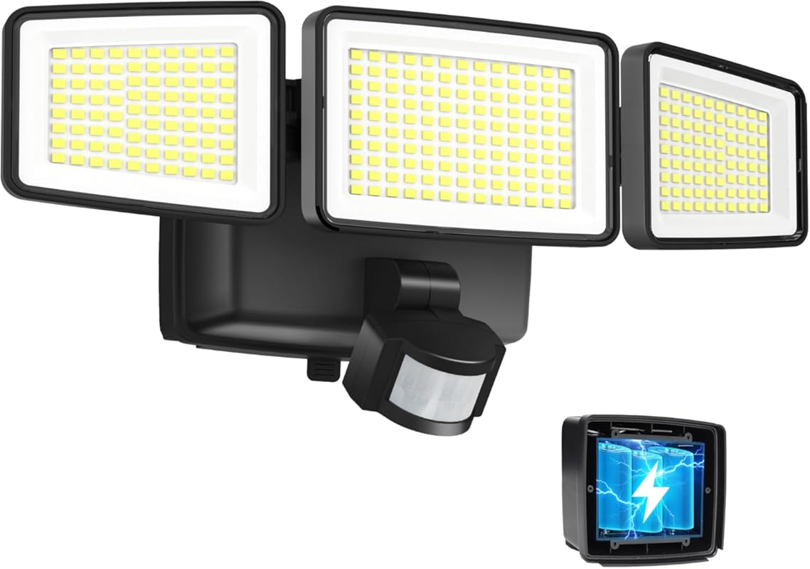 UME 1800LM 3-Head Battery Motion Sensor Flood Light, IP65 Waterproof O
