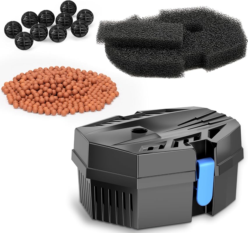 POPOSOAP Small Outdoor Pond Filter Box with Filter Pads Bio-Balls Cera