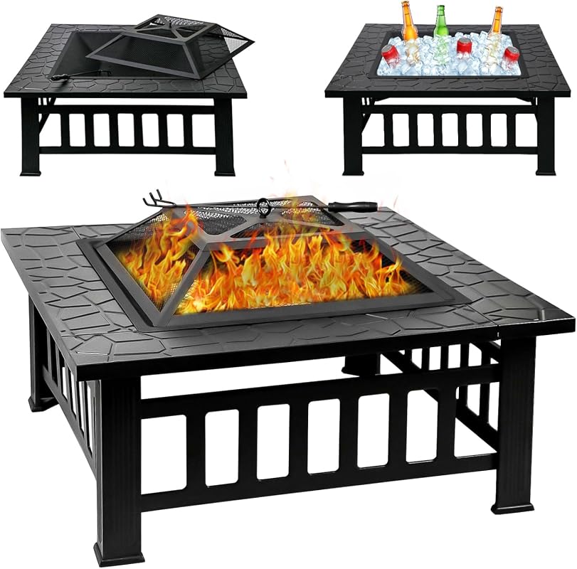 32 Inch Square Fire Pit Table with Poker, 3-in-1 Metal Stove for Outdo