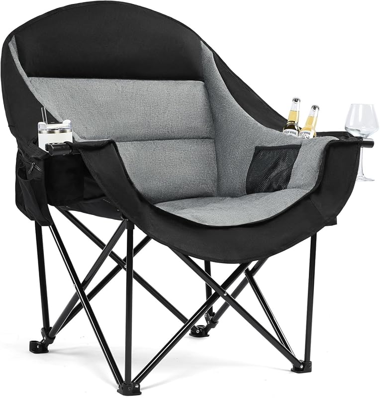 Oversized Heavy Duty Padded Folding Camping Chair for Adults with Cup