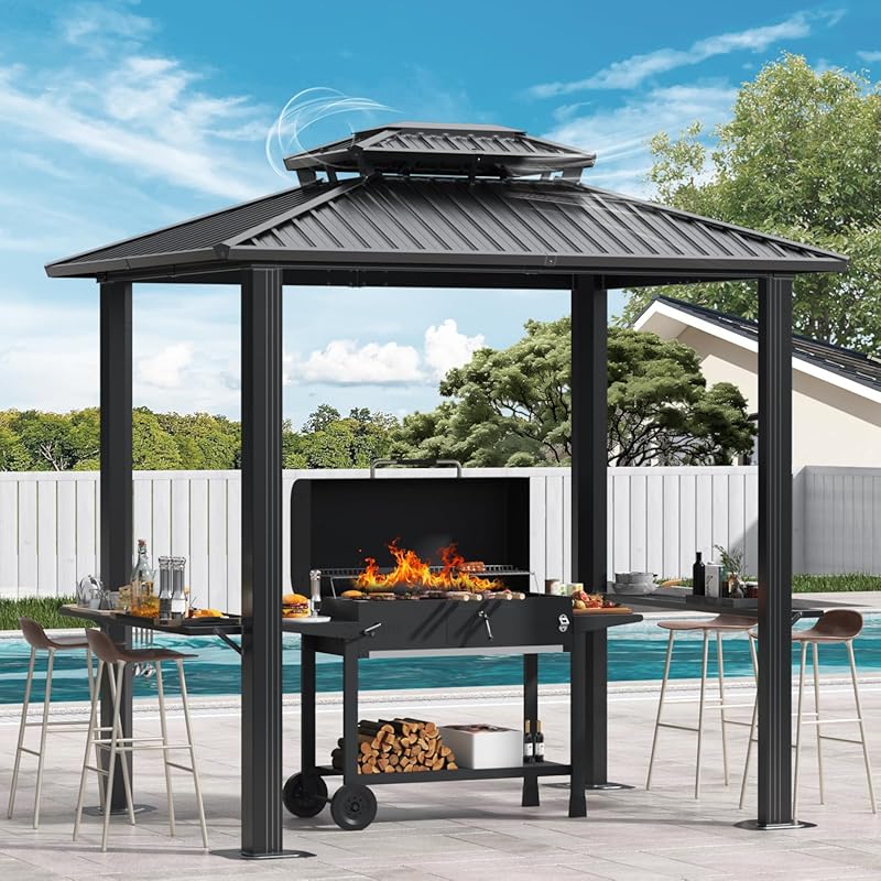 Hoteel 6x8FT Hardtop Grill Gazebo: Aluminum Frame, Double Steel Roof, 