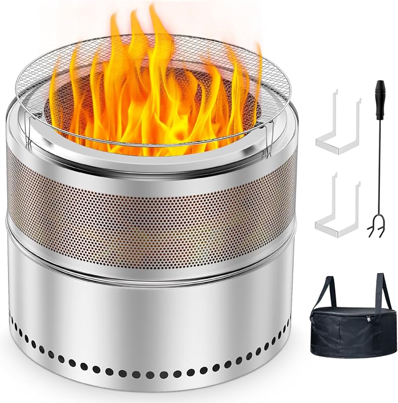 20 Inch Outdoor Smokeless Stainless Steel Fire Pit with Grill Grate, A