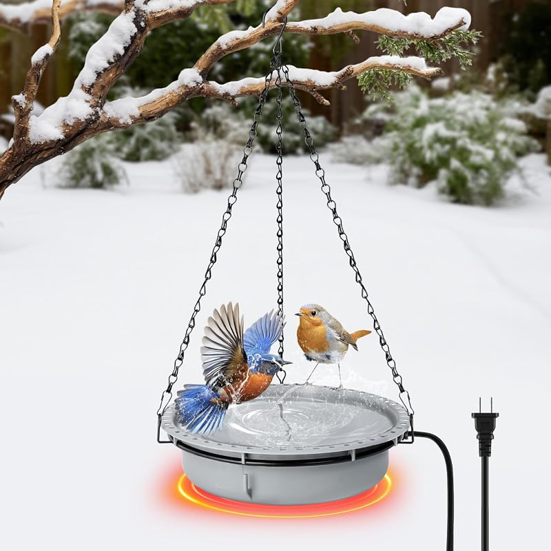 Adnee Hanging Heated Birdbath for Winter Outdoor, 100W Thermostat Cont