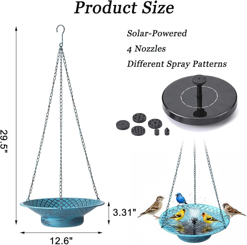 12.6 Inch Hanging Solar Bird Bath Fountain for Hummingbirds Garden Pat