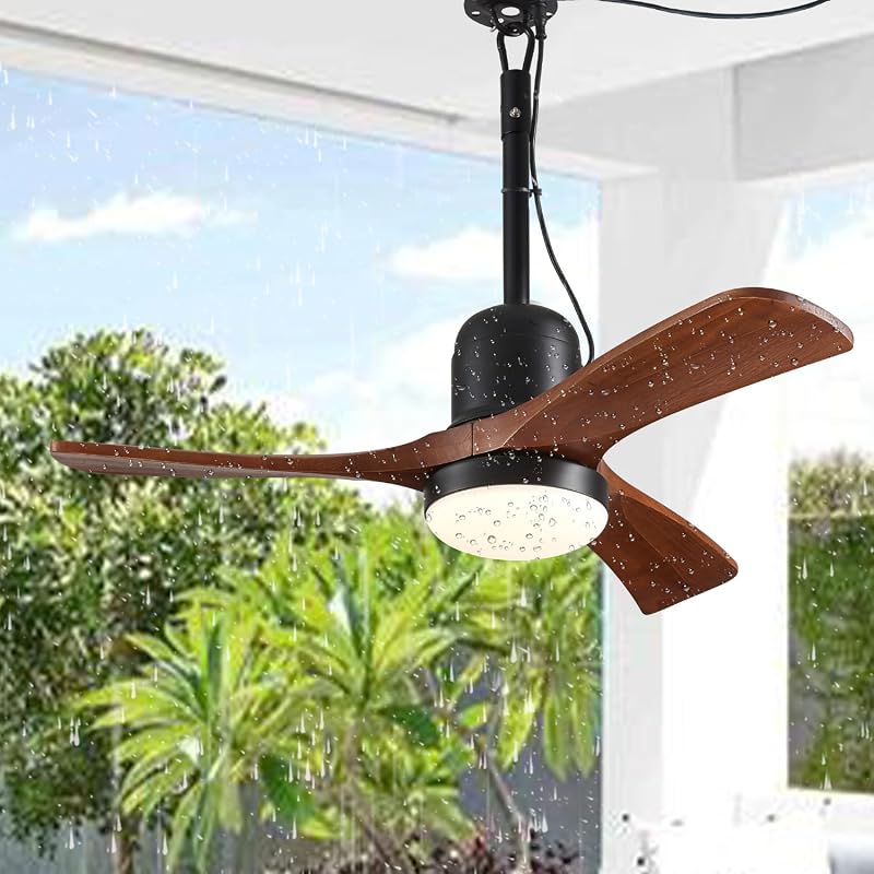 34 Inch Farmhouse Wood Outdoor Ceiling Fan with Light, Wet Rated Gazebo