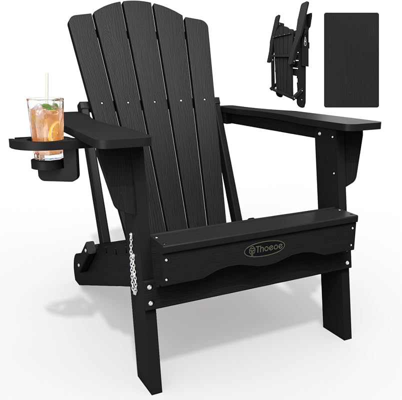 THOEOE Folding HDPE All-Weather Adirondack Chair with Cup Holder Wood 