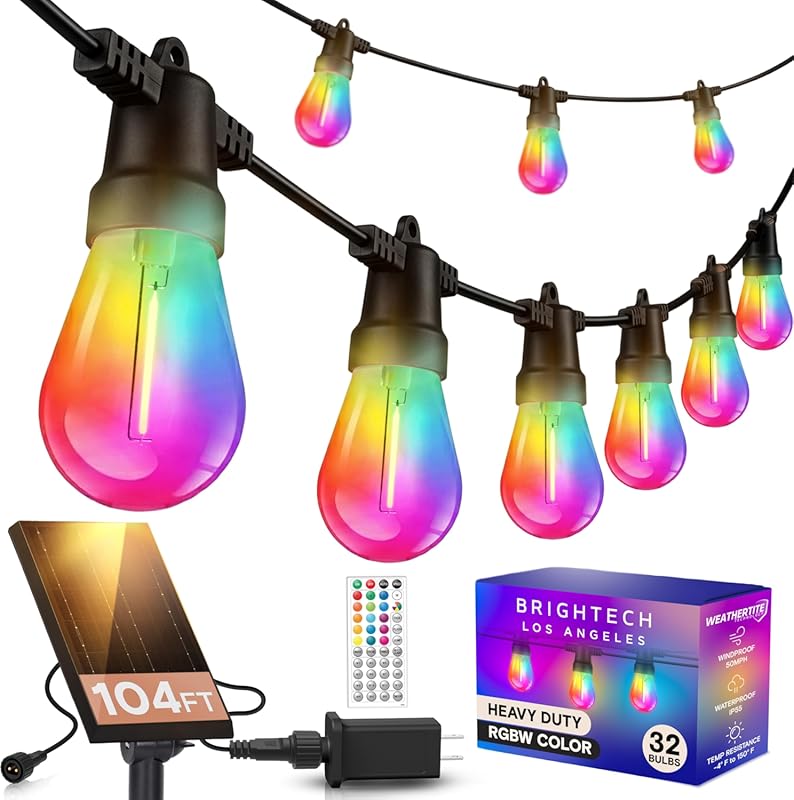 Brightech Ambience RGB Hybrid 104ft Outdoor String Lights, Dual Plug,