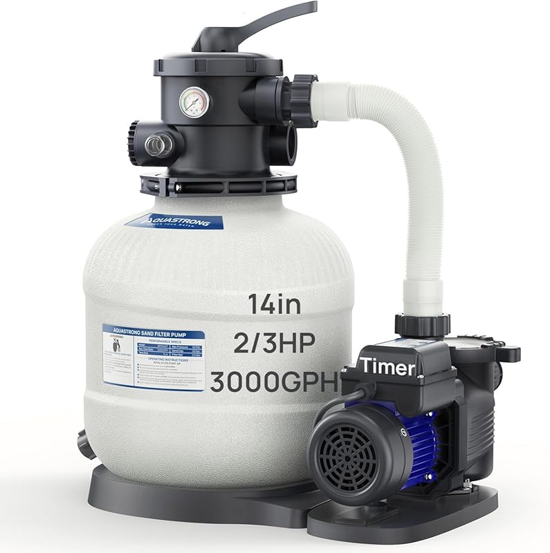 AQUASTRONG 14in Sand Filter Pump: 2/3 HP, 3000 GPH, Timer, 6-Way Valve