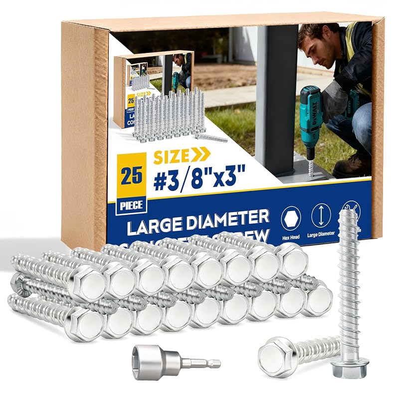 25 Pack 3/8 x 3 Inch Large Diameter Concrete Screws Heavy Duty Masonry