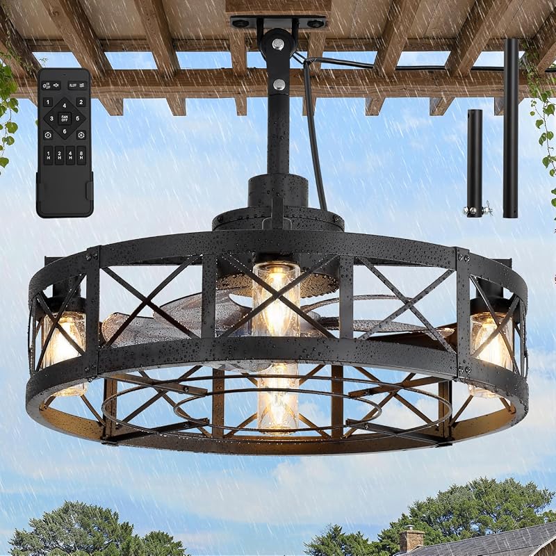 LEDIARY 22 Inch Waterproof Outdoor Ceiling Fan with Light, Plug-in Gaz