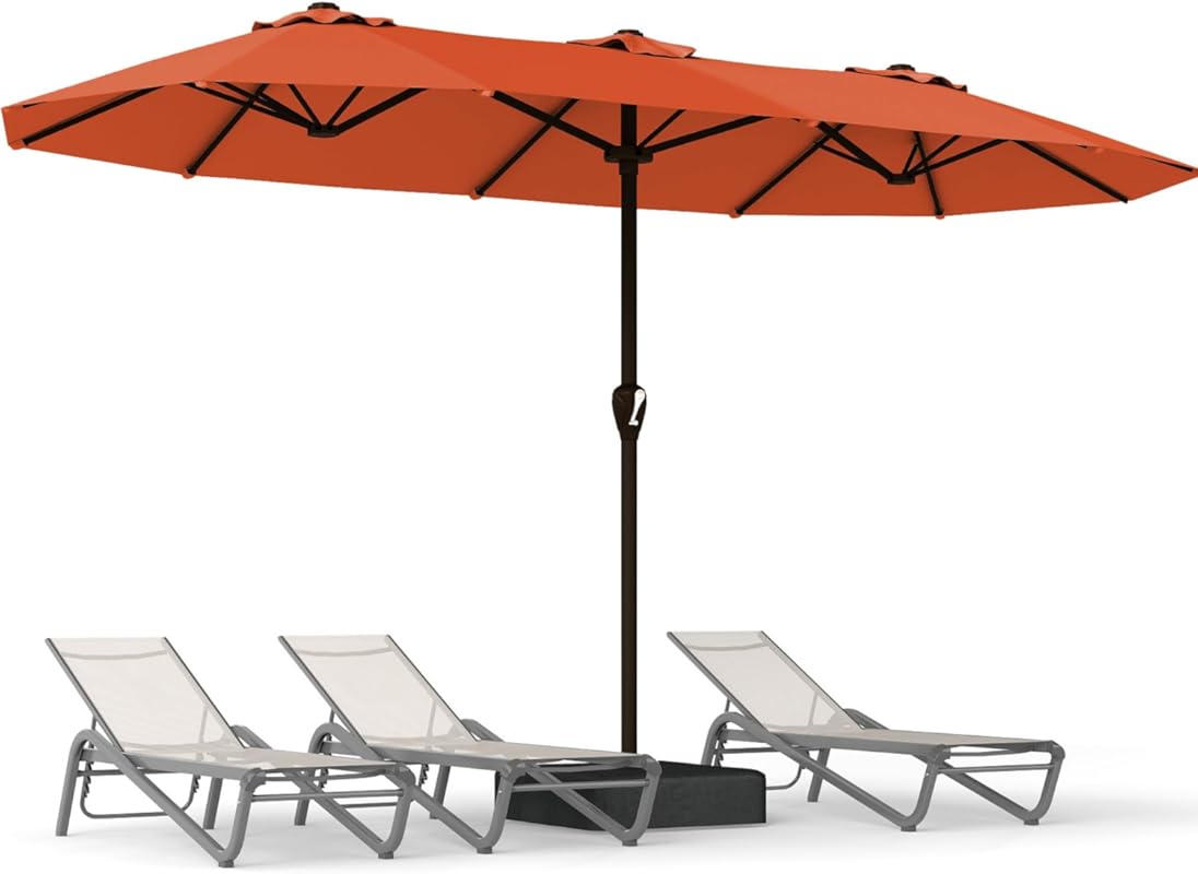 15FT Double-Sided Rectangular Patio Umbrella, Base, Fiberglass Ribs, U