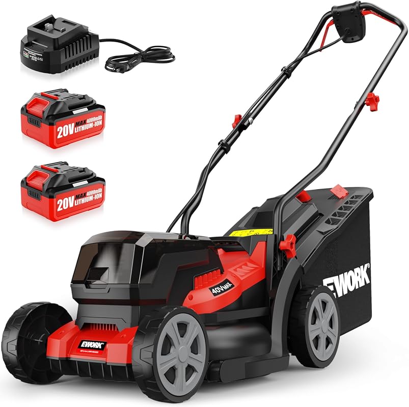 EWORK 40V Cordless Electric Lawn Mower 14 Inch Push Mower with 2 x 4.0