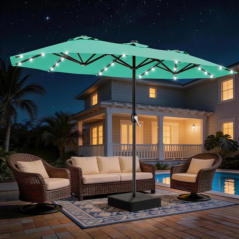 AreShark 13 FT Double-Sided Rectangular Patio Umbrella, Solar Lights,