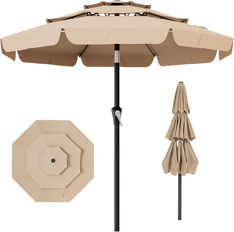 AreShark 10FT 3-Tiers Vented Patio Umbrella with Valance, Crank/Tilt, 