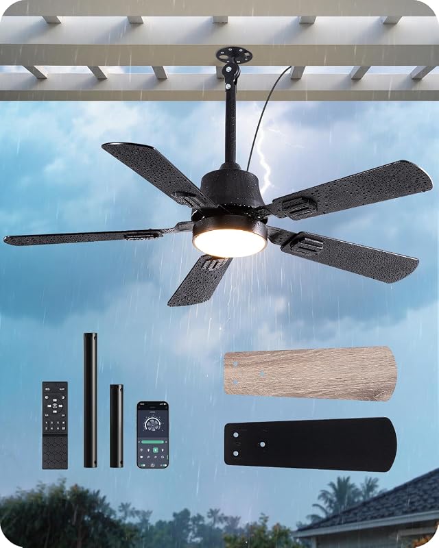 EDISHINE 42 Inch Outdoor Waterproof Ceiling Fan with Light, 6-Speed Re