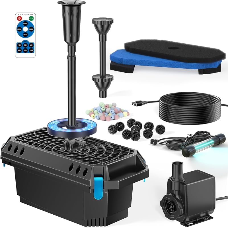 POPOSOAP All-in-One Pond Filter Kit with 660GPH Pump, UV Clarifier, an
