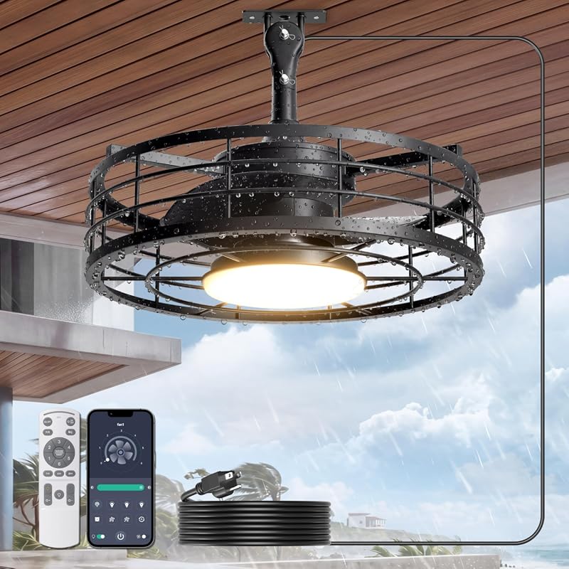 16 Inch Outdoor Ceiling Fan with Light, Wet Rated Gazebo Fan with Remote