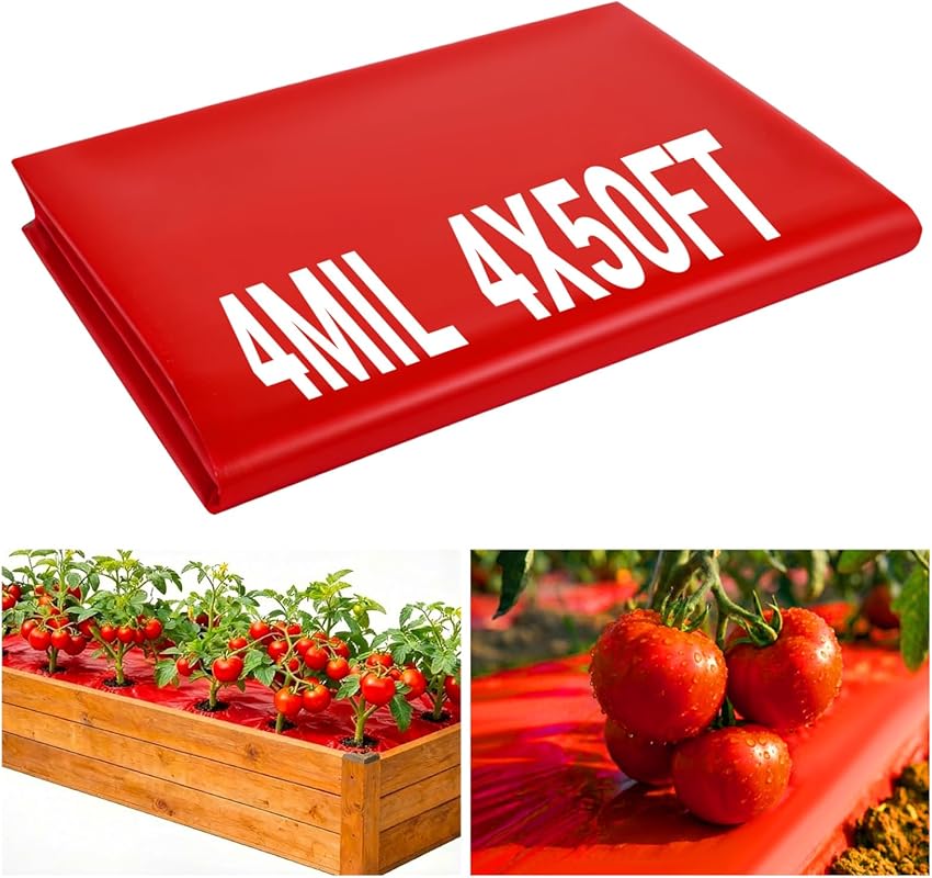 Heavy Duty 4 Mil Red Plastic Mulch Film, 4x50 Ft UV Resistant Weed Bar