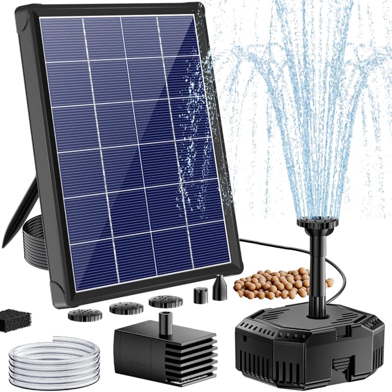 Antfraer 4W Solar Pond Filter Fountain Pump with 5 Nozzles, PVC Tubing