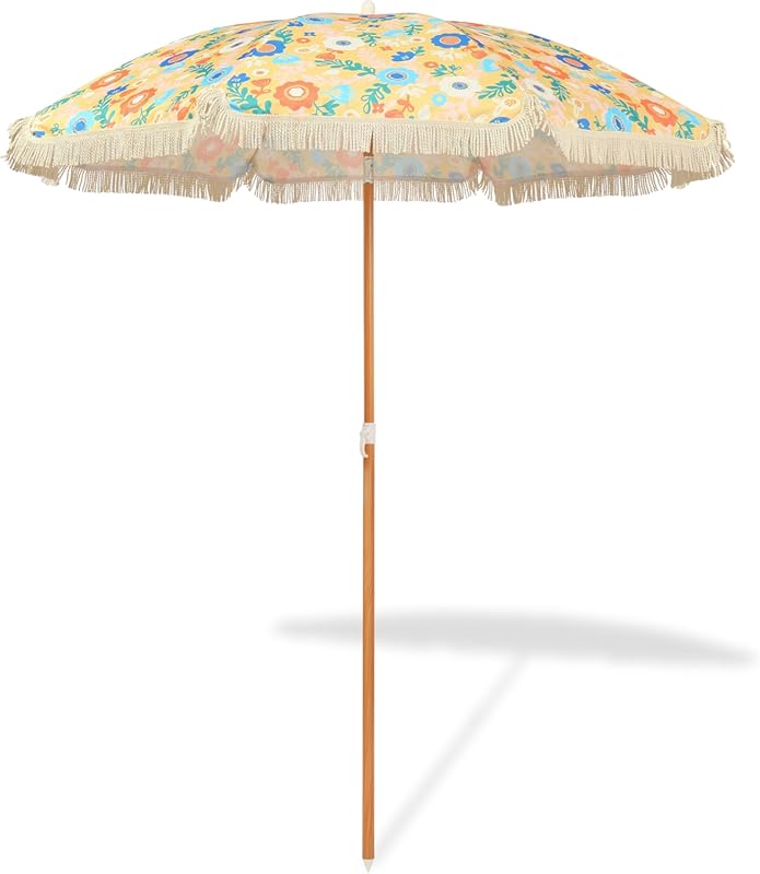 Seazul 5.2ft Patio Beach Umbrella with Fringe, Tilting Steel Pole, UV