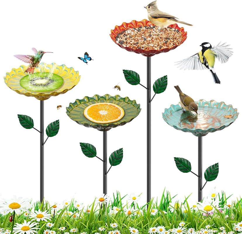 4PCS Colorful Sunflower Hummingbird Baths for Outside Garden Yard Patio Decor