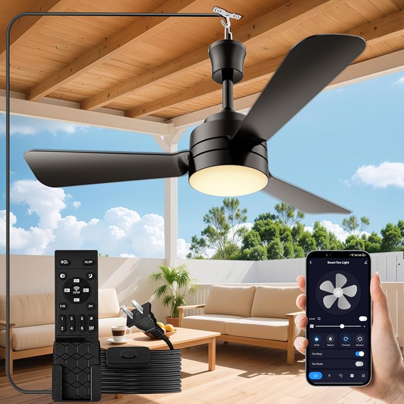 PBLALA 28 Inch Gazebo Fan with Light, Plug-in Outdoor Ceiling Fan with