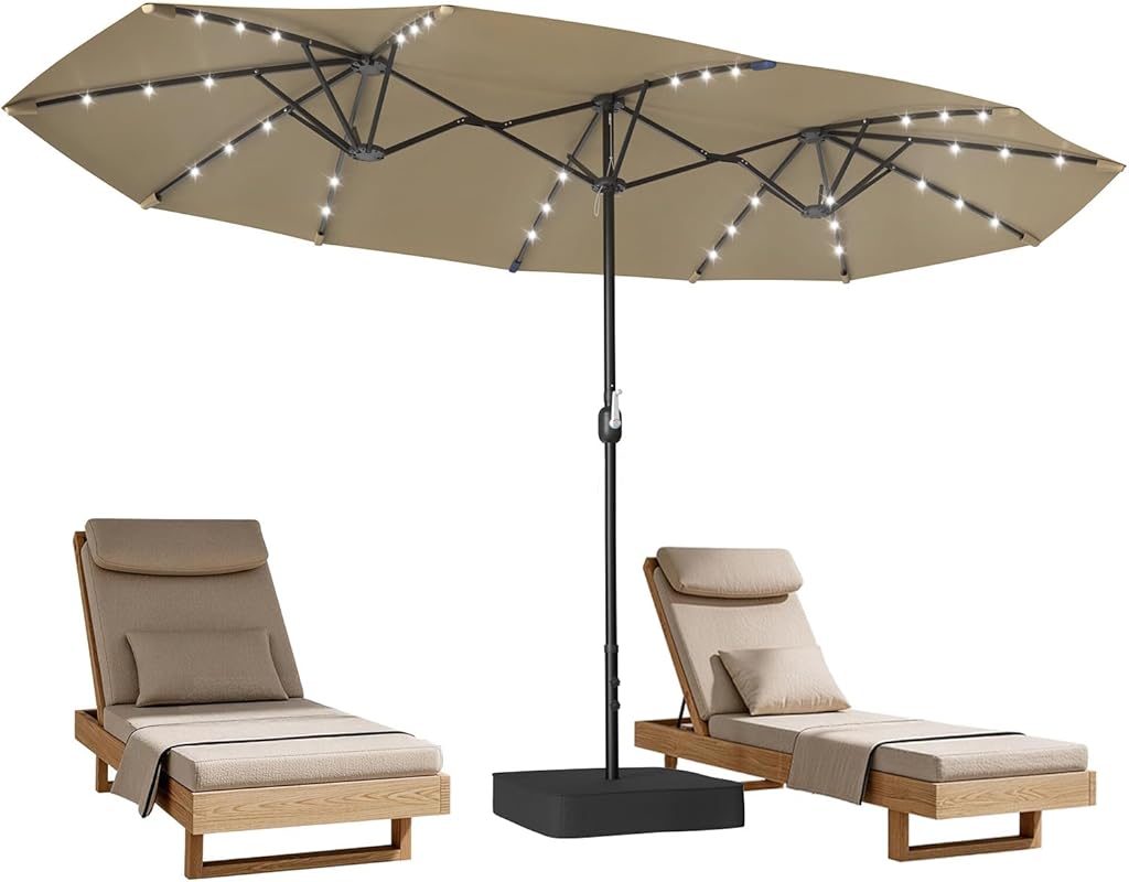 Suteck 15FT Double-Sided Patio Umbrella: Base, Solar Lights, Crank, UV