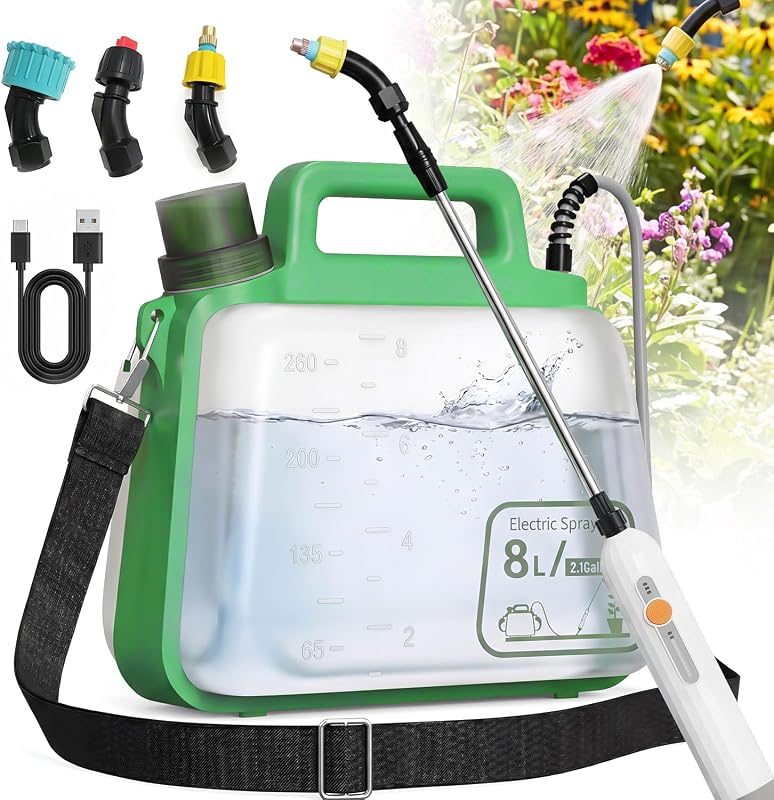 2 Gallon Electric Garden Sprayer with Battery, 3 Nozzles, 5 Modes & Re