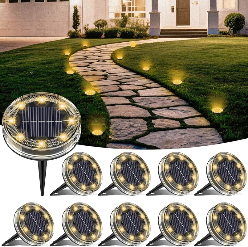 LOTMOS 10-Pack Solar Ground Lights Outdoor: 8-LED IP68 Waterproof Disc