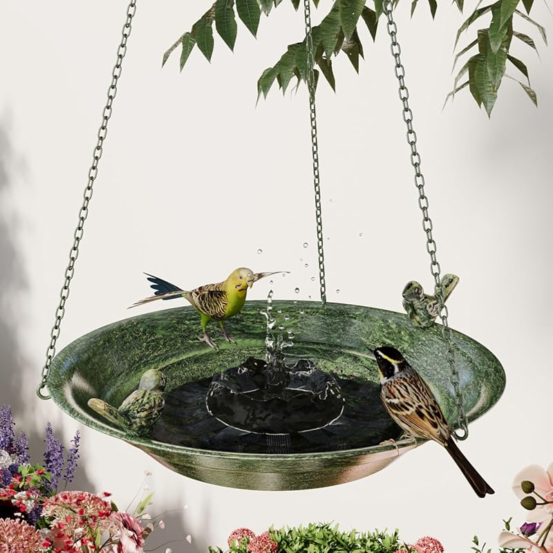 12-Inch Metal Hanging Bird Bath with Solar Fountain, Vintage Bowl Desi