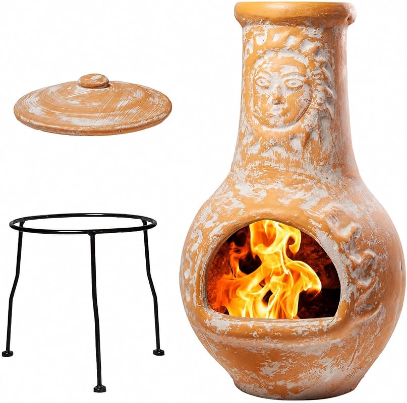 Wiosi Medium Clay Chiminea Outdoor Fireplace with Rain Lids, Solid Metal Stand, Yellow Terracotta, 16x16x32"