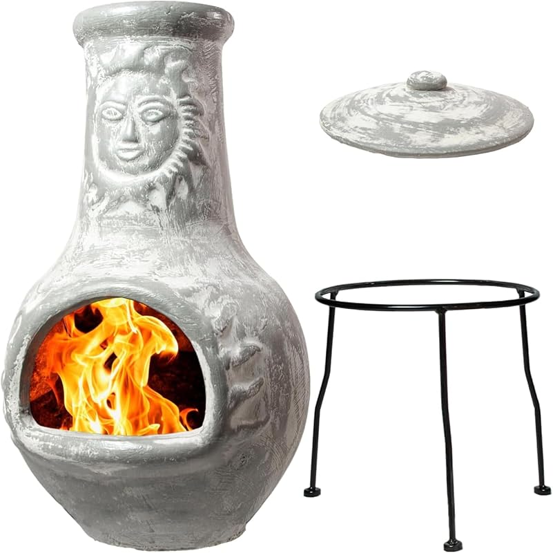Wiosi Medium Grey Clay Chiminea Outdoor Fireplace with Rain Lids, Solid Metal Stand, 16x16x32"