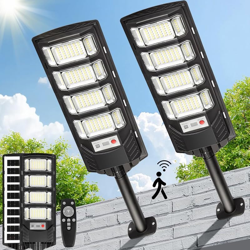 Solar Flood Lights, 2-Pack, Waterproof, Dusk-to-Dawn, 12000 Lumen, Mot