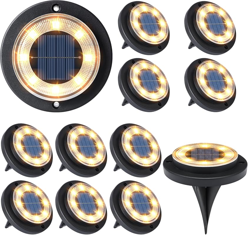 Flacchi 12-Pack Solar Ground Lights – Waterproof Disk Lights for Deck,