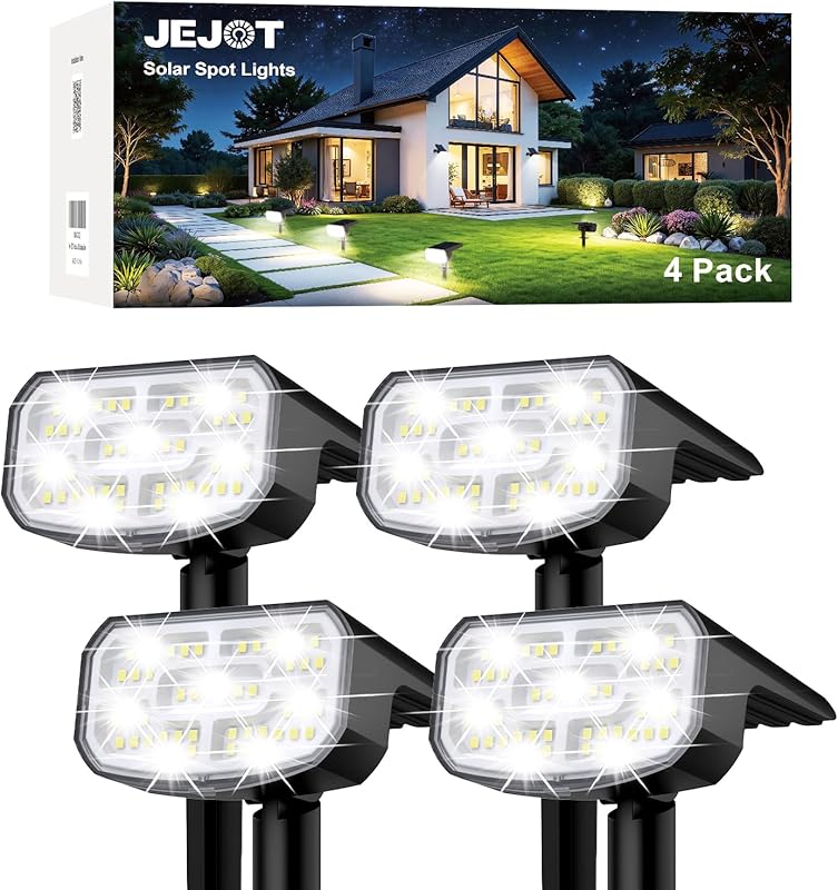 JEJOT 4 Pack Solar Spot Lights – Cool Light, 2 Modes, IP65 Waterproof,