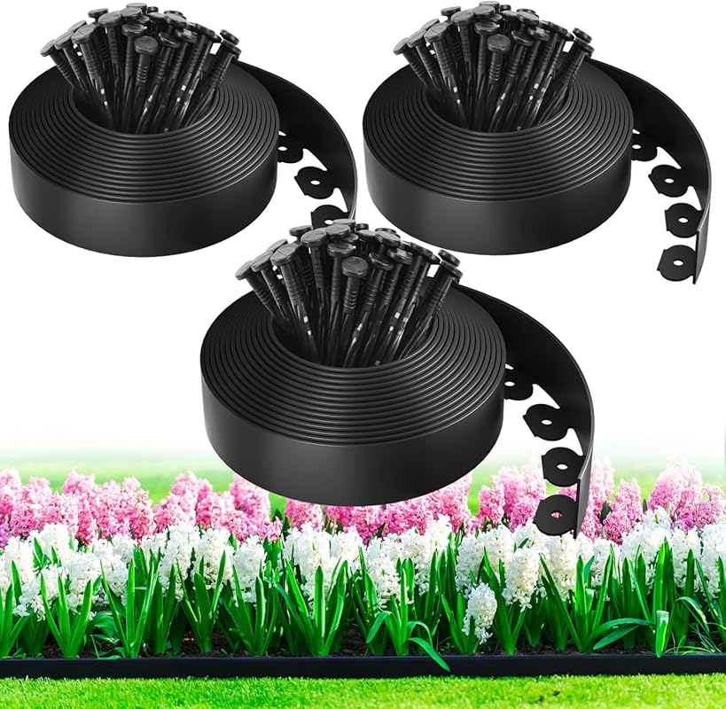 MIXC 100ft Landscape Edging Kit with 150 Spikes, Flexible Plastic No-Dig
