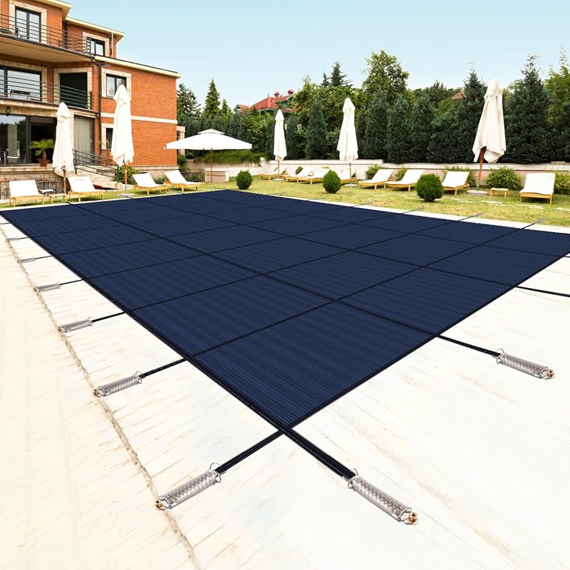 Heavy-Duty Winter Pool Cover, Rectangle Mesh/Solid, Triple Stitched for Strength & UV Protection, Blue