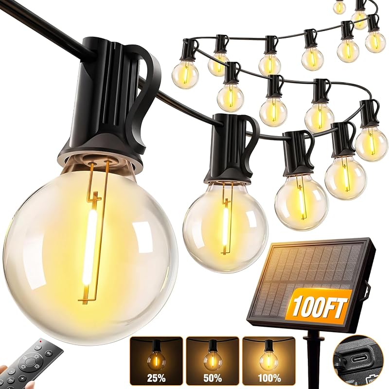 Nisocy 100FT Solar String Lights, Patio Lights, Solar & USB, Dusk-to-D