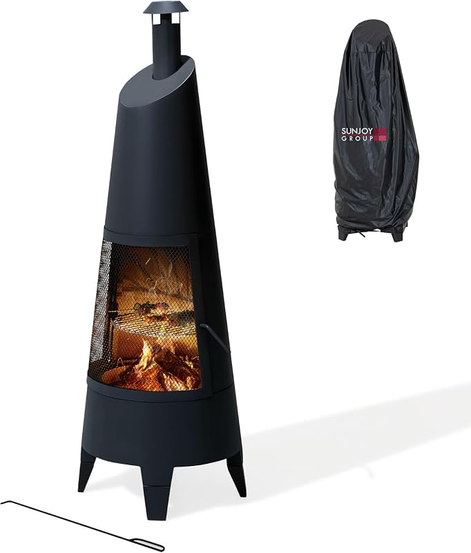 SUNJOY 2-in-1 Chiminea Fire Pit & Grill, 57" tall with stainless steel grate, spark screen, PVC cover