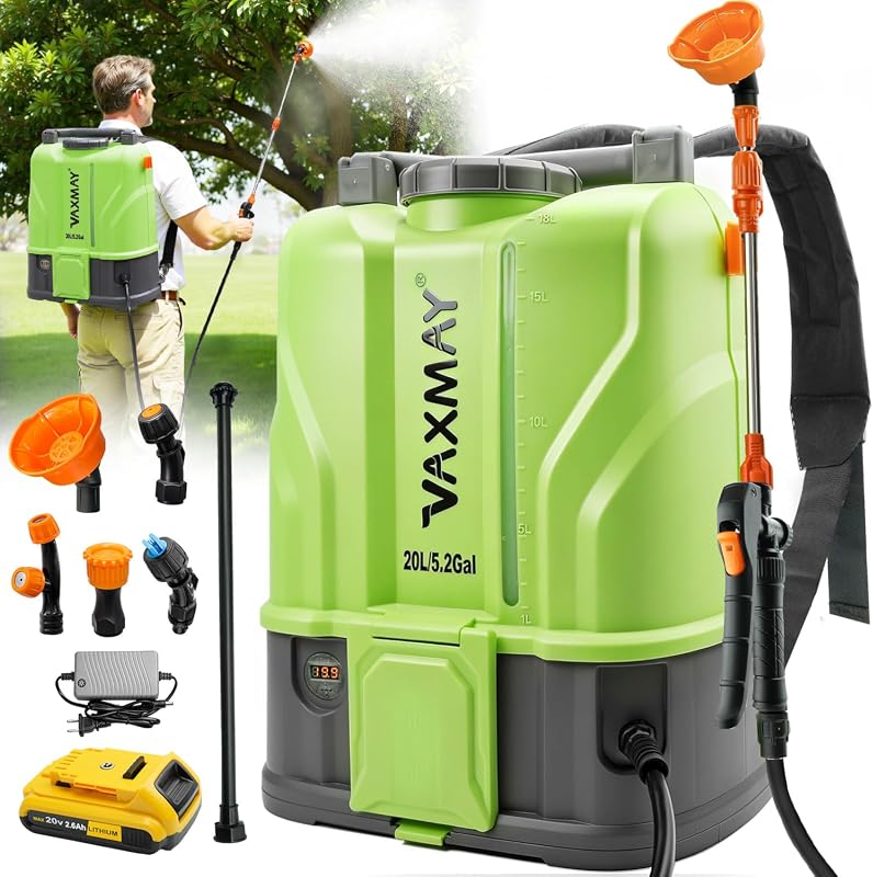 VAXMAY Battery Sprayer 5.2 Gallon, 120 PSI, DeWalt Compatible, 2 Wands