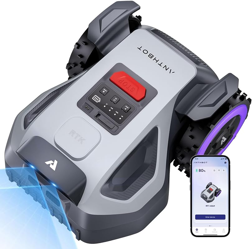 ANTHBOT M9 robot mower for 1/4 acre with vision, obstacle avoidance, 45% slope, cutting height, multi‑zone mapping.