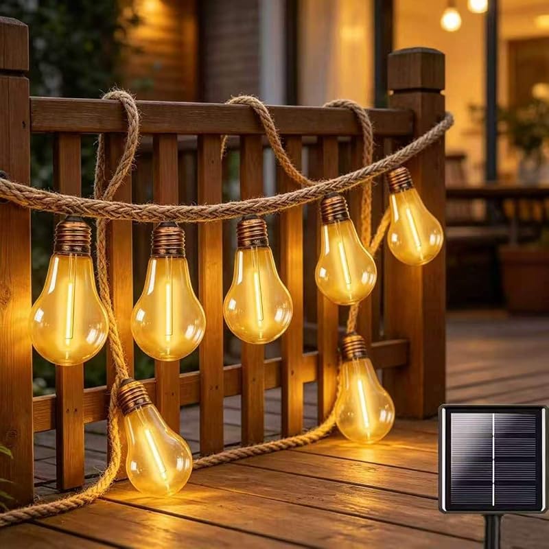 Solar String Lights – 15.7FT Vintage Hemp Rope with 10 Bulbs, Waterpro