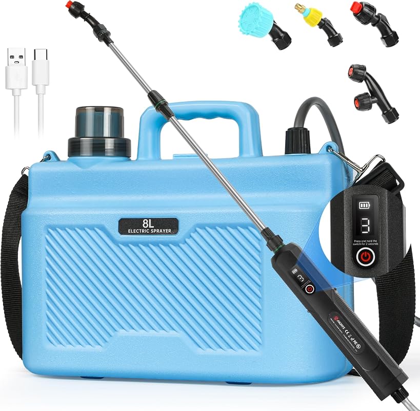 Battery Sprayer 2 Gallon, 3 Speed, Battery Indicator, 4 Mist Nozzles,