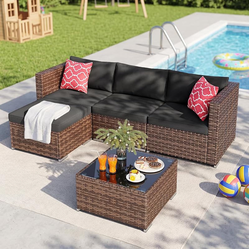 Ahomly 5 Piece Wicker Rattan Sofa Set with Cushions and Glass Table, B